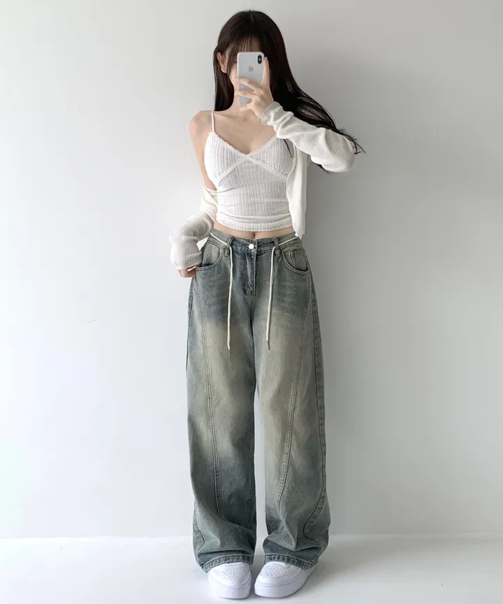 [색감깡패🖤/끈탈부착O] 미드나잇 뒷밴딩 스트링 스트랩 하이웨스트 절개라인 빈티지 워싱 롱 와이드 데님 팬츠 밴딩바지 청바지 사계절청바지 상세 이미지 4