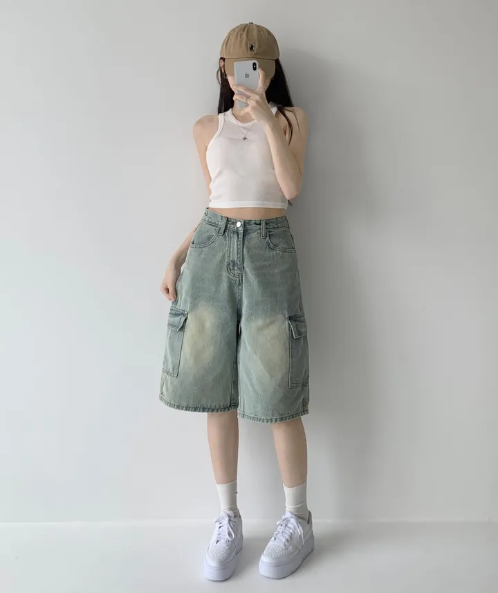 후기극찬![핏보장❤︎/힙무드/~XL] 이브닝 빈티지 힙 워싱 하이웨스트 와이드 카고 하프 버뮤다 5부 청 반바지 데님 팬츠 빅사이즈 상세 이미지 18