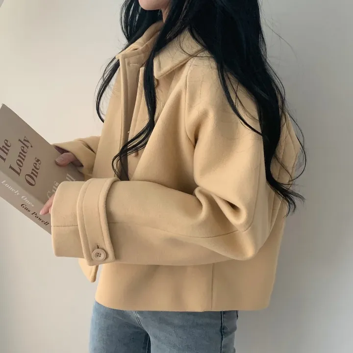 봄가을 크롭재킷 오버핏 아이보리 블랙 싱글버튼 숏코트 상세 이미지 24
