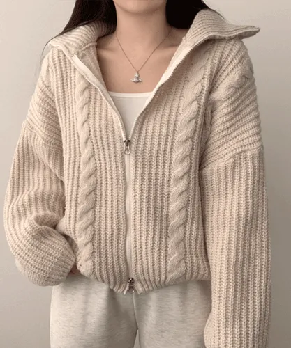 [겨울니트/루즈핏] 루미 하이넥 꽈배기 오버핏 니트 투웨이 집업 가디건 (5color)