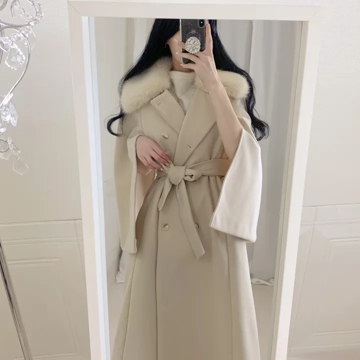 [롱케이프코트💗/고퀄보장✨] 롱VER. 알콩 울 캐시미어 폭스퍼 페이크퍼 밍크퍼 누빔안감 케이프 벨트 버튼 고급 우아 롱 판쵸 코트 망토 자켓 (4color) 연말룩 크리스마스 상세 이미지 20
