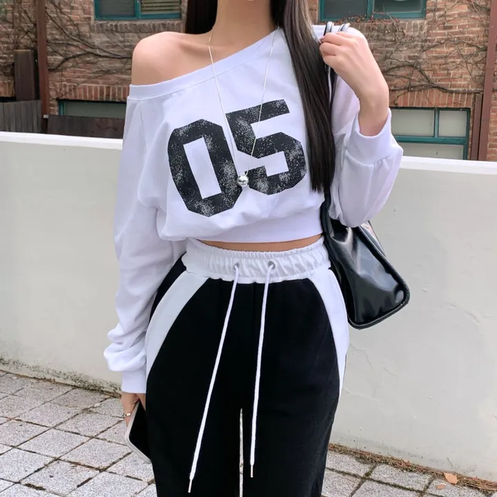 *최저가* [꾸안꾸🕶/핏보장] 넘버 크롭 오프숄더 맨투맨+와이드팬츠set 레터링맨투맨 배색 일자팬츠 트레이닝세트 셋업 상세 이미지 12