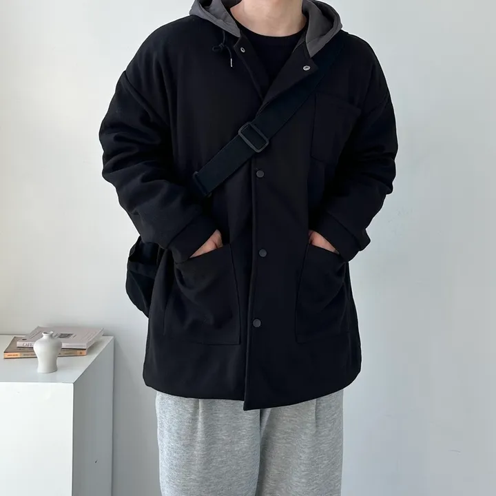 가을 겨울 오버핏 하프 코트 미니멀 빅사이즈 아우터 보온안감후드블랙코트 상세 이미지 17