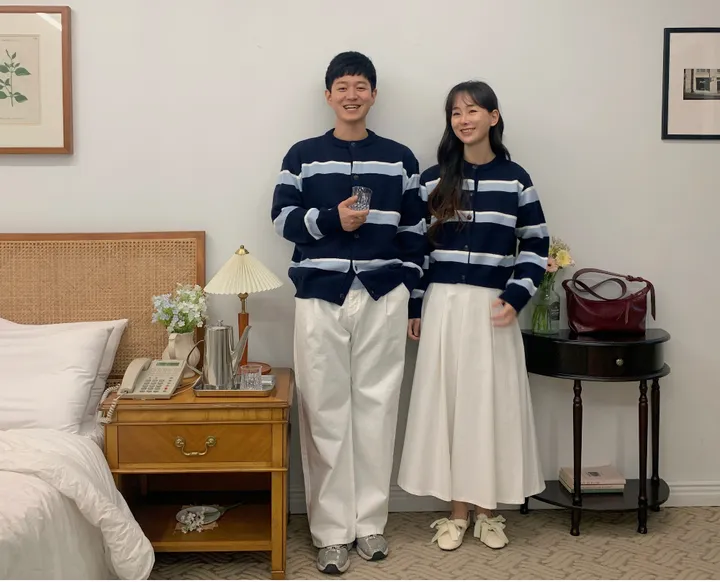 커플룩,시밀러룩베리 단가라 커플가디건 스트라이프 라운드가디건 시밀러룩 봄 꽃놀이 벚꽃 상세 이미지 7