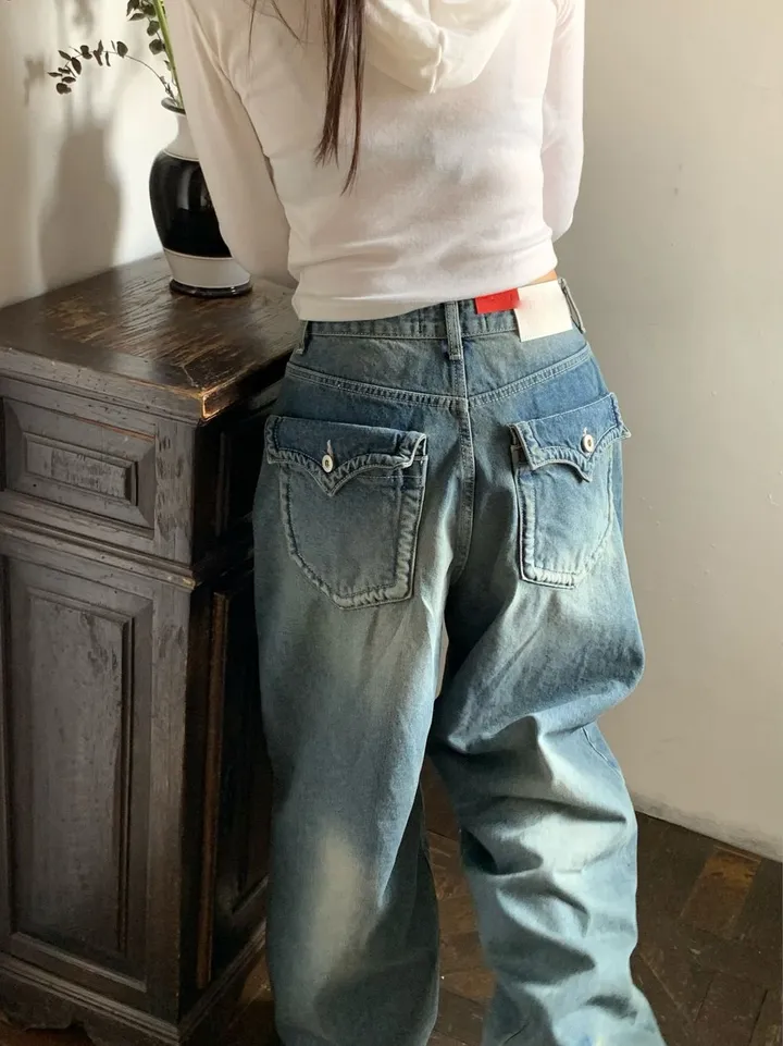 카리나 착용🔥코이 백 포켓 하이라이트 워싱 벌룬 보이핏 와이드 데님 롱 팬츠  ootj 상세 이미지 12