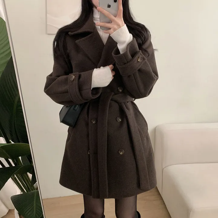 [누빔안감, 하객룩추천] 차분한무드 허리잘록 더블버튼 트렌치 하프 코트 상세 이미지 3