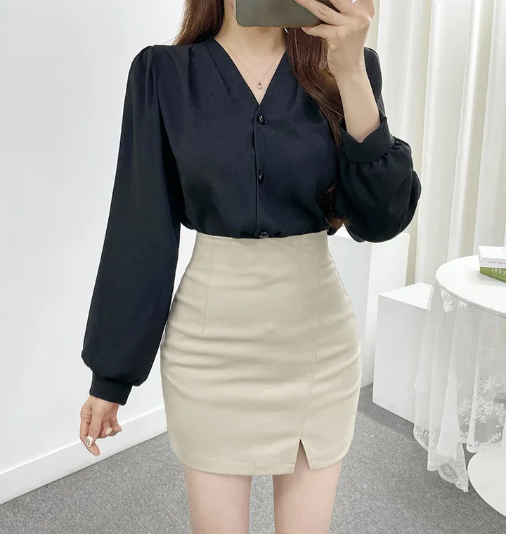 HB0118. 여리여리 어깨 핀턱 셔링 퍼프소매 브이넥 블라우스 여성스러운 데이트룩 여친룩 결혼식 하객룩 직장인룩 오피스룩 추천 상세 이미지 22