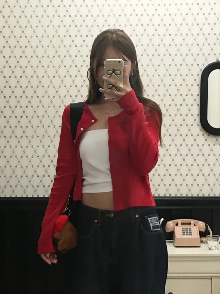 빈티지 딸기 가디건 레드,아이보리, 블랙 [가디건/디테일/빈티지/여름코디/코디추천/데일리/대학생/캐주얼/y2k] 상세 이미지 6