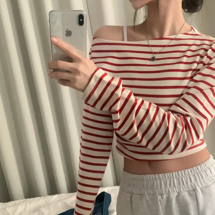 [예쁜라인🤍/데일리필수*.*] 루징 스트라이프 언발 오프숄더 긴팔티셔츠 - 2color 상세 이미지 6