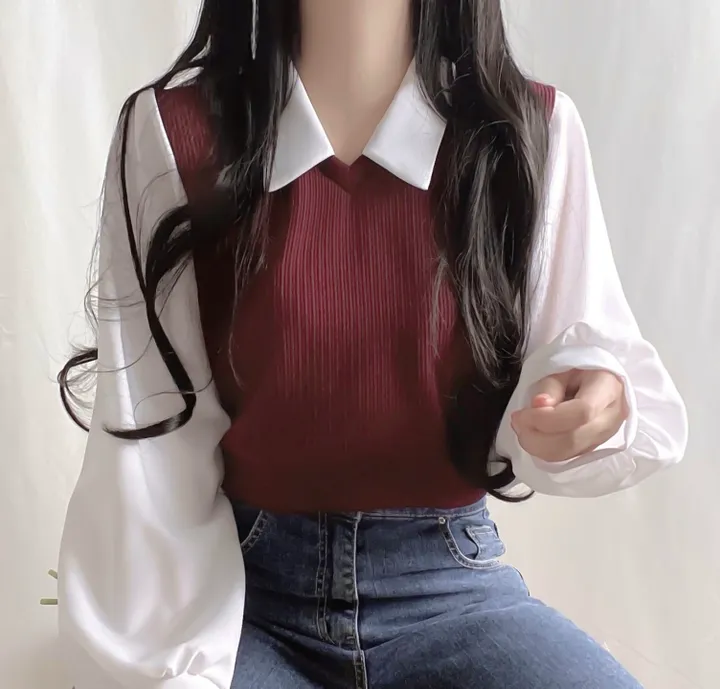 [셔츠+니트 일체형!] 포밍 레이어드 카라 벌룬 배색 니트 블라우스 4color 베이지 핑크 소라 블랙 상세 이미지 15