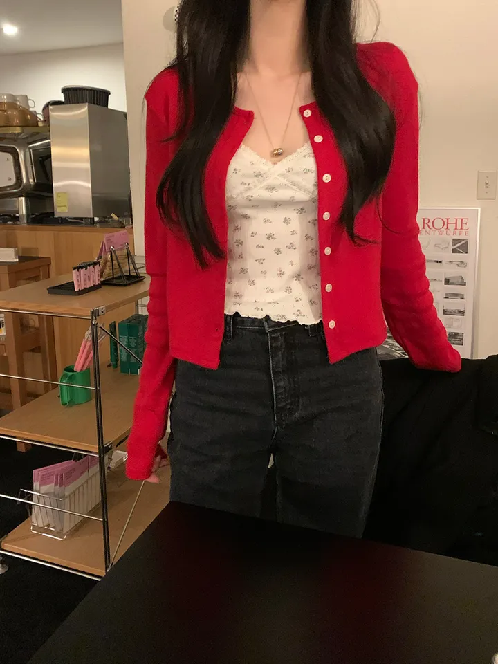 [ 3천장돌파 ] 펀칭가디건 크롭 라운드 가디건 루즈핏 레드가디건 빨간가디건 라운드넥가디건 빈티지가디건 상세 이미지 15
