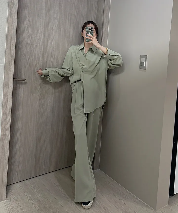 [최저가/부분당일발송🚚]빅사이즈 루즈핏 패치 남방셔츠 스트링 슬랙스 와이드팬츠 투피스세트/44-88/빅사이즈/찰랑/시원한소재/여름신상/뒷밴딩/여름하객룩/휴양지룩/바캉스룩/투웨이 상세 이미지 7