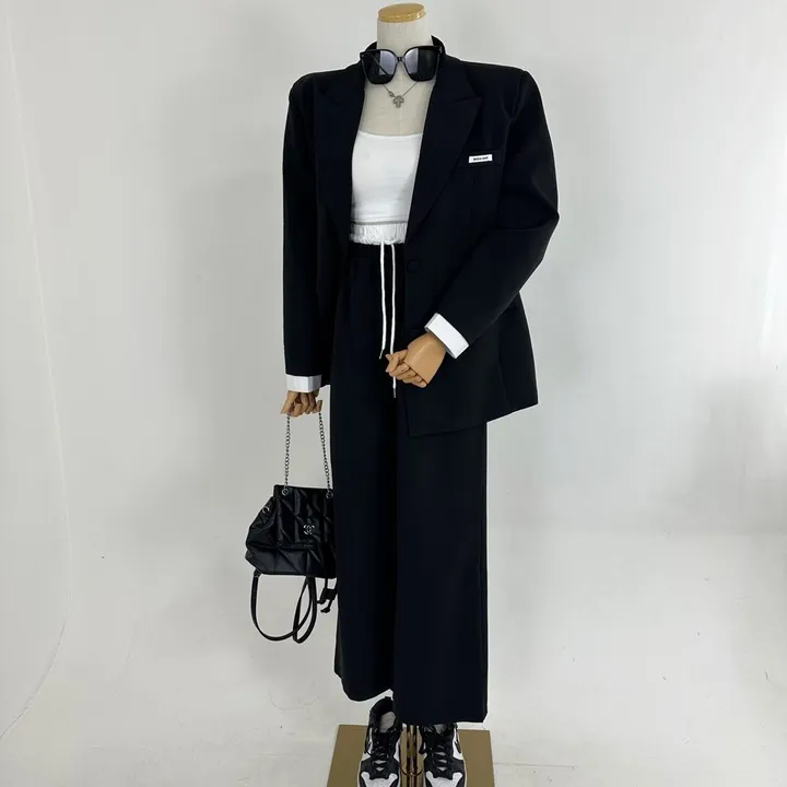 [25SS/*고퀄*/강추코디/하객룩/오피스룩/세트가격💕] 루즈핏 소매 레이어드 배색 미니패치 패드 베이직 자켓 + 하이 배색 밴딩 롱 슬랙스 와이드 팬츠 SET셋업(3COLOR) 상세 이미지 33