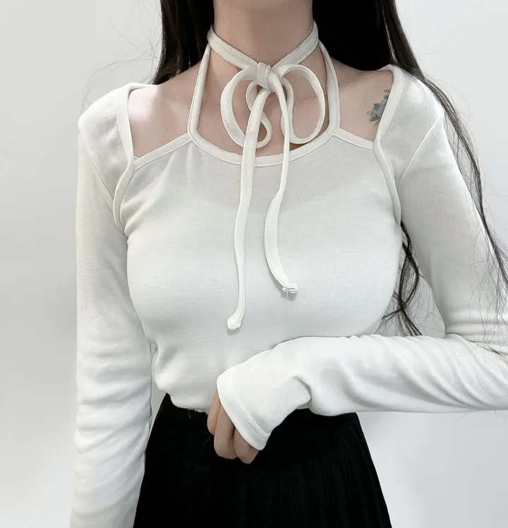봄신상🌺 [모델강추/3color] 홀터넥 리본 스트랩 어깨 트임 티셔츠 상세 이미지 11