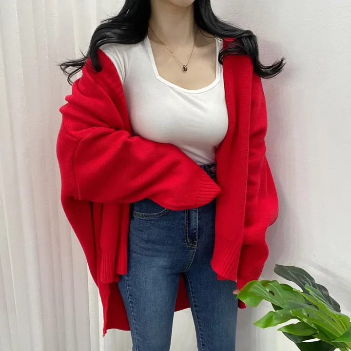 🚀당일발송-레드/블랙🚀[고퀄/데일리룩] 봄🌸 가을 디얼 터크 언발 오버핏 니트 가디건 상세 이미지 21