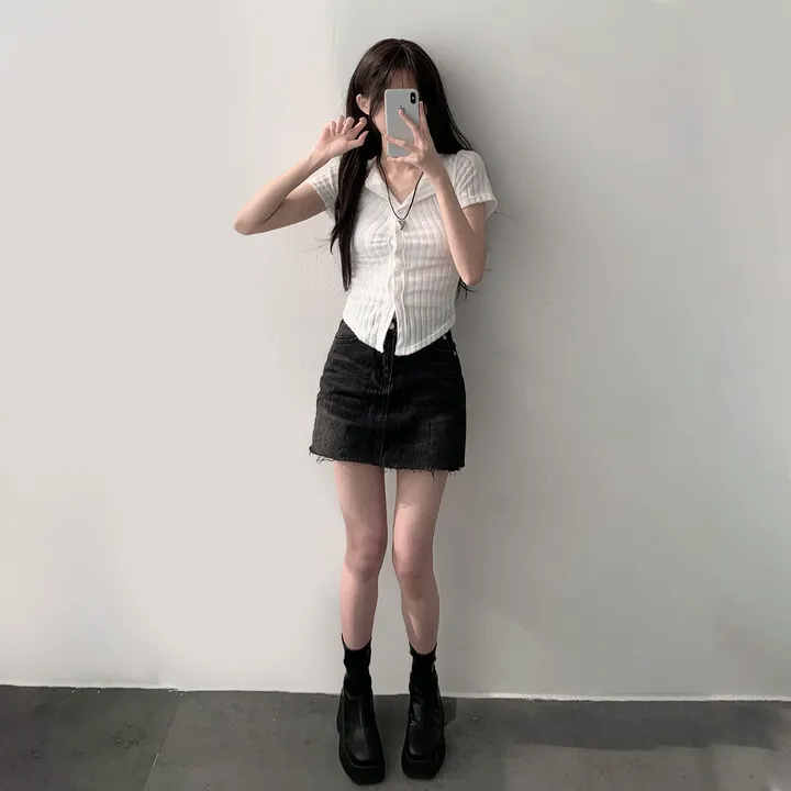 *주문대박* [HIP/코디세트] 골지 카라 셔링 반팔 니트 가디건+흑청 데님 미니스커트 투피스 코디세트 상세 이미지 5