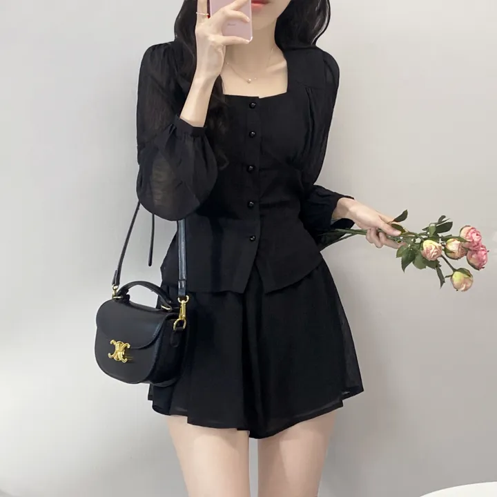 [🚀당일발송/세트가격🌸/3color/데이트룩!] 밀키웨이 청순 여신 리본 스퀘어넥 쉬폰 시스루 셔링 프릴 블라우스 밴딩 A라인 플리츠 팬츠 미니스커트 벚꽃룩 봄투피스 셋업 상세 이미지 27