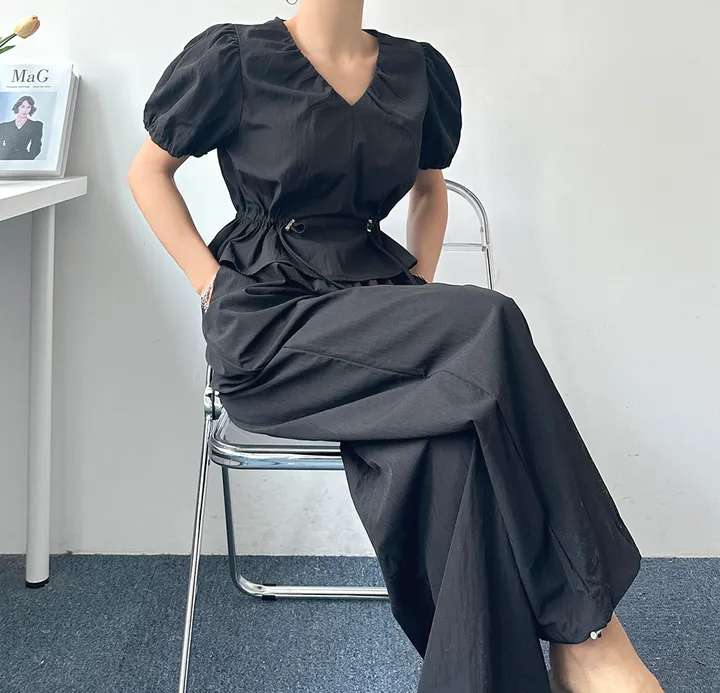 [투웨이/구김걱정NO] 애니 브이넥 퍼프양스트링 블라우스 와이드팬츠 여름투피스 세트 상세 이미지 9