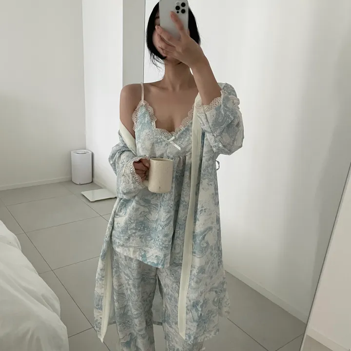 [당일출고]캡내장 파스텔 상의+긴바지+로브가디건 3pcs 잠옷 홈웨어 세트(2color) 상세 이미지 10