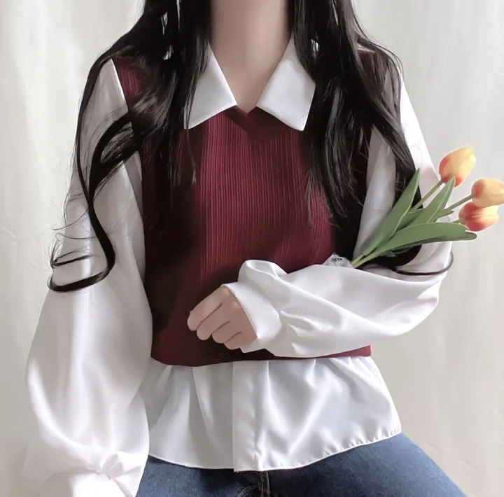 [셔츠+니트 일체형!] 포밍 레이어드 카라 벌룬 배색 니트 블라우스 4color 베이지 핑크 소라 블랙 상세 이미지 22
