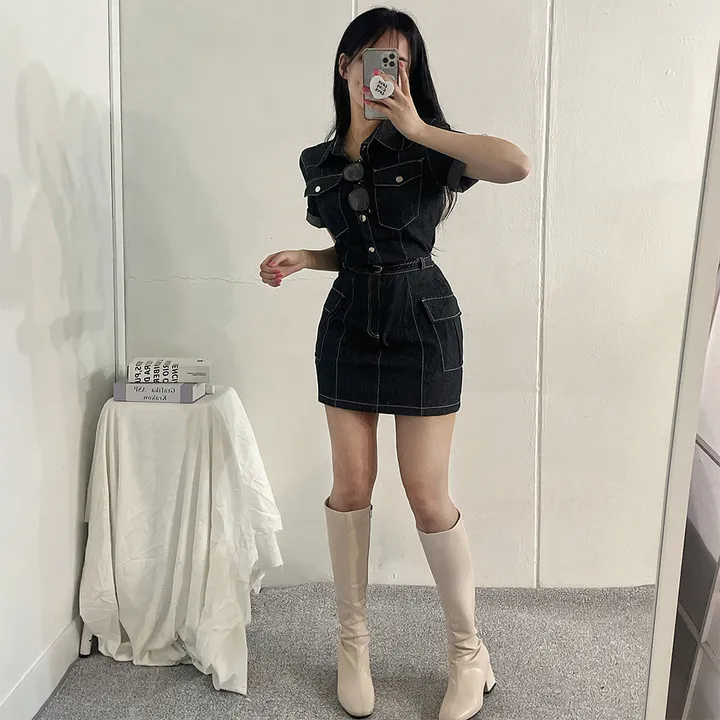 [남방+스커트 SET] 스킬 데님 반팔 남방 셔츠 + 데님 카고 스커트 투피스 세트 (단품or세트구매/2color) 상세 이미지 13