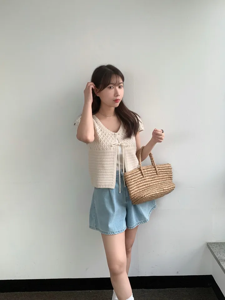 멜라운지 콤비 하프 가디건 mellounge 2col 반팔 여름 리본 펀칭 레이어드 러블리 상세 이미지 11