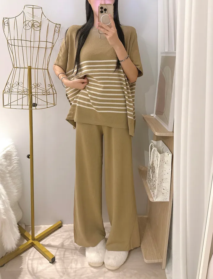 *빠른출고 *체형커버굿 [*44-77/highqual] 모먼트 스프라이트 소프트 단가라 케이프 니트 + 밴딩 와이드 니트 팬츠 투피스 트레이닝세트 - 4color 상세 이미지 25