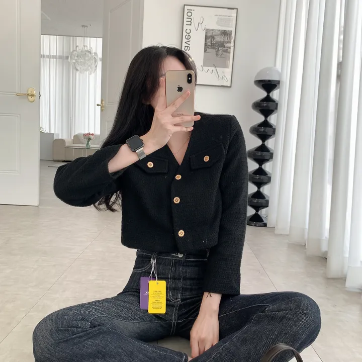 [부분 당일배송🎀1000장돌파!! 리뷰극찬🔥컬러추가!] 트위드 세미 크롭 자켓 노카라 간절기 하객룩 숏자켓 핑크 아이보리 블랙 네이비 - 5colors 상세 이미지 11