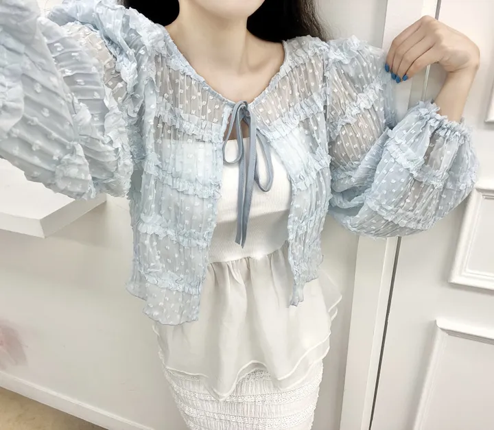 🩵공쥬핏+어깨패드O🩵쉬폰 퍼프 땡땡이 볼레로 가디건 (3COLOR) 시스루 프릴가디건 휴양지룩 여행룩 볼레로블라우스 상세 이미지 3
