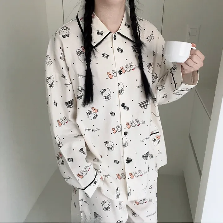 🖤[당일출고/정품/최저가!]🖤 헬로키티 잠옷 파자마 상하세트 면 레이온 봄 가을 박시핏 빅사이즈 오버핏 루즈핏 캐릭터 산리오 땡땡이 도트 원카라 블랙 레이스 선물 파자마파티 상세 이미지 11