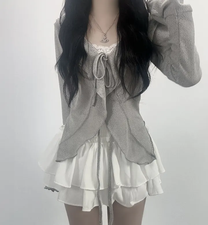 ruffle ribbon lace cardigan 러플 리본 레이스 가디건 (봄가디건, 러블리, 프릴, 니트가디건, 슬림핏, 여리여리) 상세 이미지 20