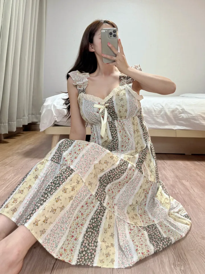 애순이홈웨어🍊🧡 잠옷 파자마 홈웨어 원피스 면 바캉스 롱원피스 공주잠옷 프릴나시원피스 촌캉스 민소매 2color 상세 이미지 10