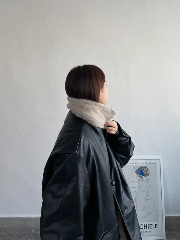 오버핏 가죽 퍼 점퍼 ( 블랙 브라운 ) 하프 코트 자켓 상세 이미지 26