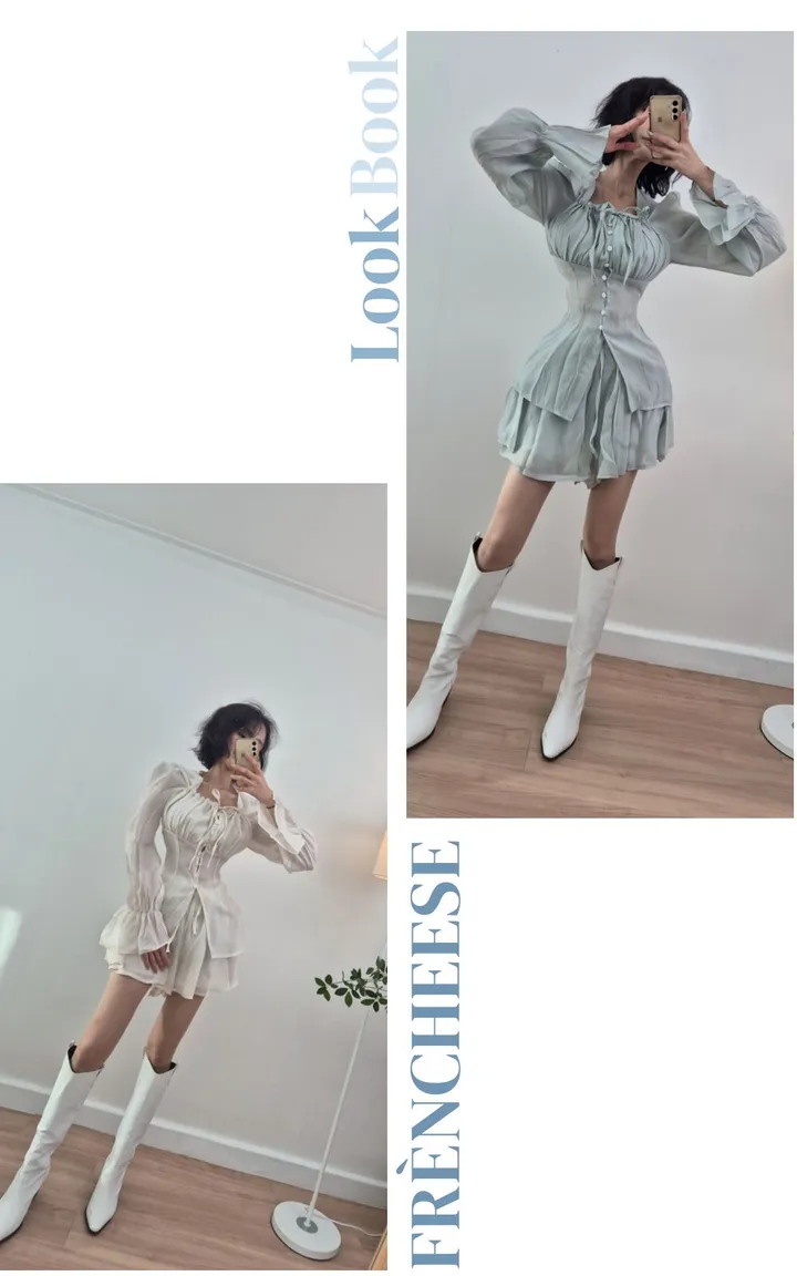 ✨허리잘록핏✨세트구성🖤[핏보장][하객룩추천][데이트룩코디] 시스루 블라우스&캉캉치마 투피스SET (3color) 상세 이미지 8
