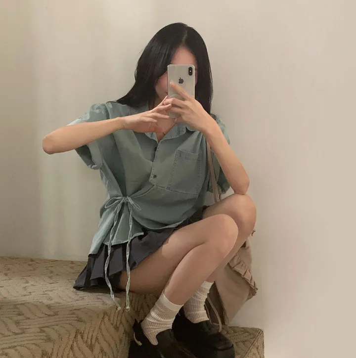 [단독판매🤍/리본포인트!] 데님 사이드 리본 포인트, 루즈핏 카라셔츠 남방 - 2color 상세 이미지 14