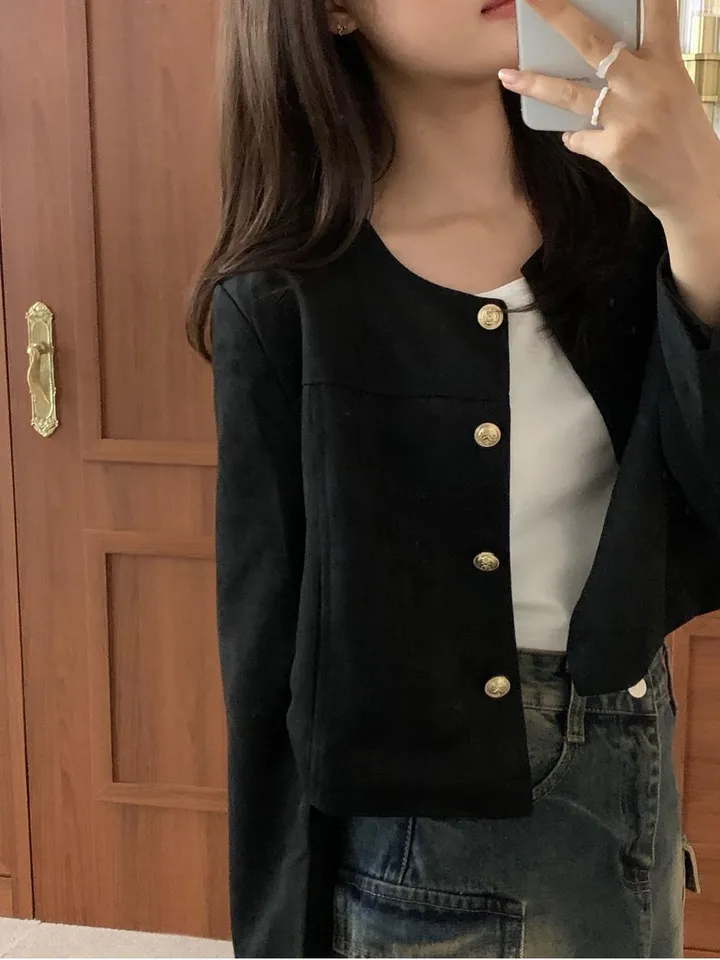 [주문폭주🐱‍🏍3color/가을신상🍂] 노이드 노카라 금장로고 스웨이드 자켓 올드머니룩 페미닌룩 어깨패드 상세 이미지 37