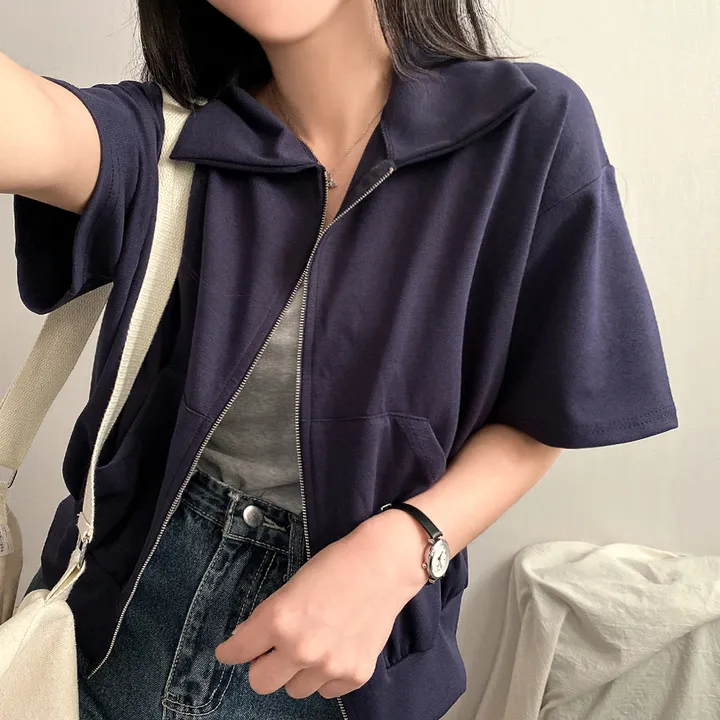 [여름/예쁜데일리!] 볼륨 카라 투웨이 무지 크롭집업 반팔 3color 상세 이미지 19