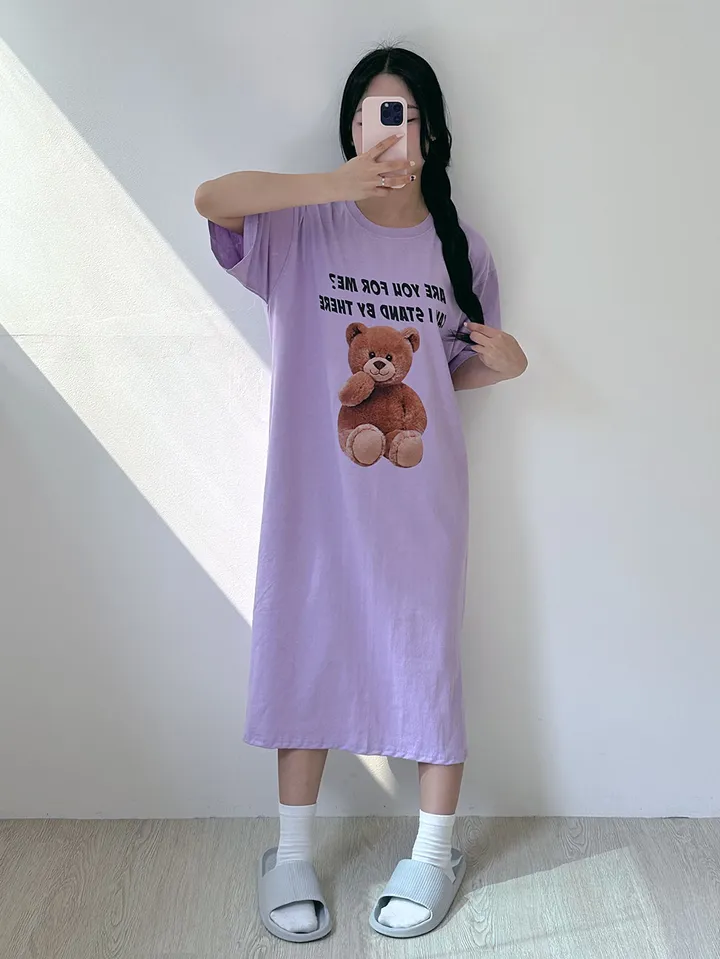 [국내/부드러운] 베어🐻 프린팅 반팔 롱 원피스 - 4color 상세 이미지 21