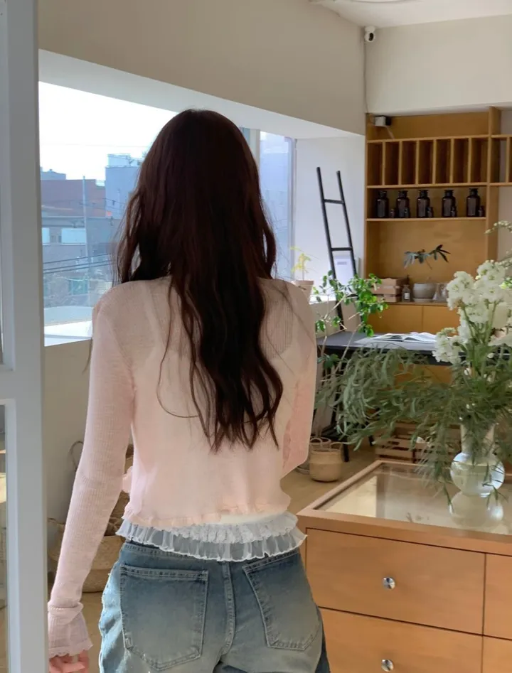 [여름까지 쭈욱🤍]클로에 빈티지 리본 스트랩 레이스 프릴 여리핏 롱슬리브 썸머 니트 가디건 5color 상세 이미지 28