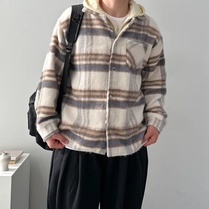 오버핏 체크 하프 코트 자켓 후드 레이어드 미니멀 빅사이즈 아우터 후드레이어드하프체크코트 상세 이미지 17