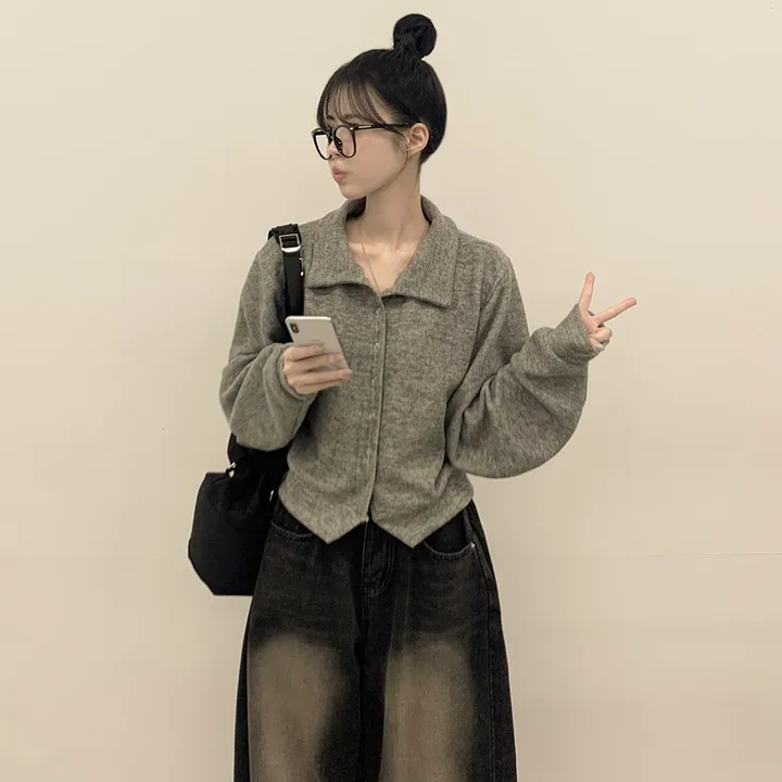 [보들보들🖤/귀여움] 아방핏 카라 스냅 단추 긴팔 세미크롭 벌룬가디건 상세 이미지 9
