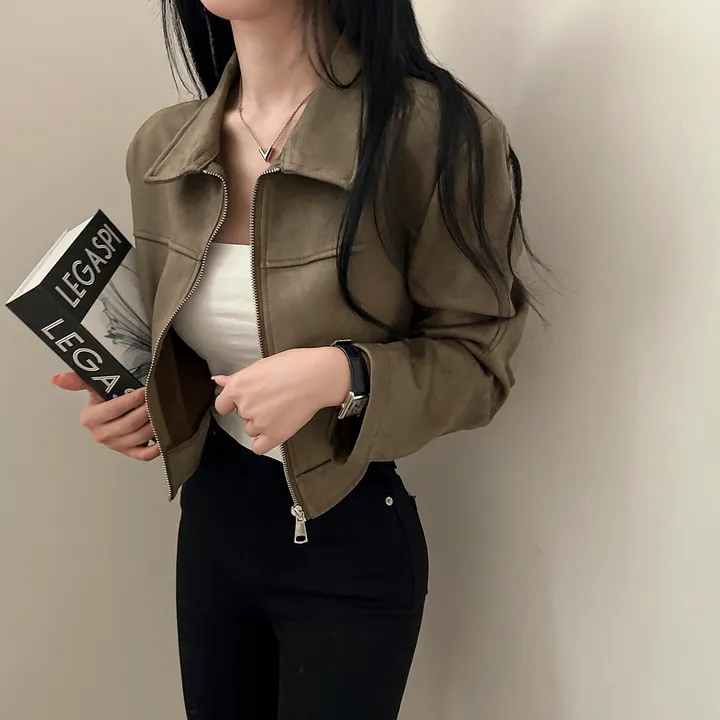 [어깨패드O] 어텀 스웨이드 절개 카라 크롭 자켓 집업 상세 이미지 18