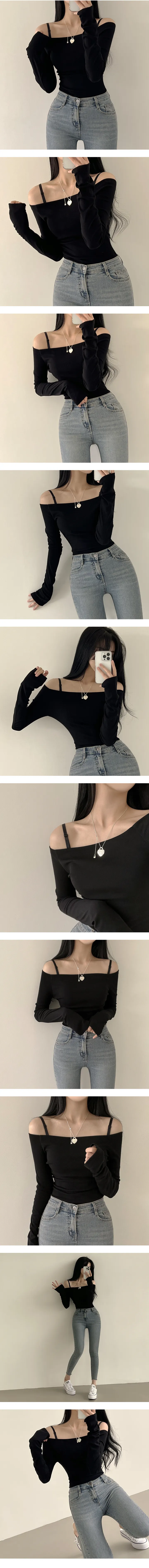 [손등덮는/여리여리~] 여성스러움 듬뿍, 오프숄더 슬림핏 긴팔티셔츠 (3color) 상세 이미지 1