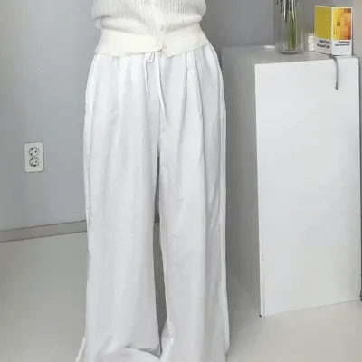 화이트 흰색 핀턱 밴딩 와이드 팬츠 상세 이미지 10