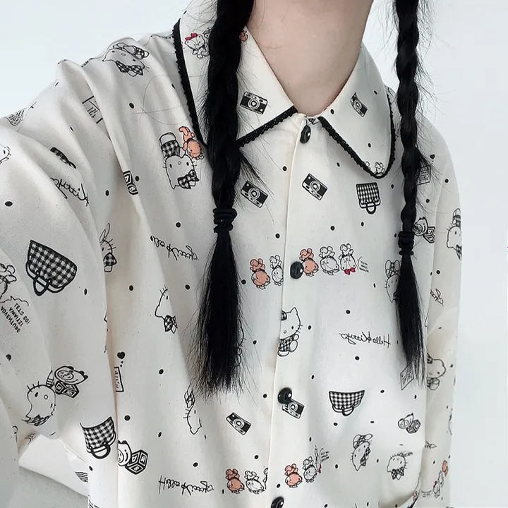 🖤[당일출고/정품/최저가!]🖤 헬로키티 잠옷 파자마 상하세트 면 레이온 봄 가을 박시핏 빅사이즈 오버핏 루즈핏 캐릭터 산리오 땡땡이 도트 원카라 블랙 레이스 선물 파자마파티 상세 이미지 12