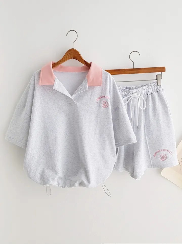 *세트가격!* 귀여운 자수 포인트 카라티셔츠 오버핏 카라반팔티 밴딩 핀턱 반바지 투피스세트 여름 트레이닝복 추리닝세트 이지웨어세트 여름휴가룩 바캉스룩 꾸안꾸세트 썸머세트 상세 이미지 3