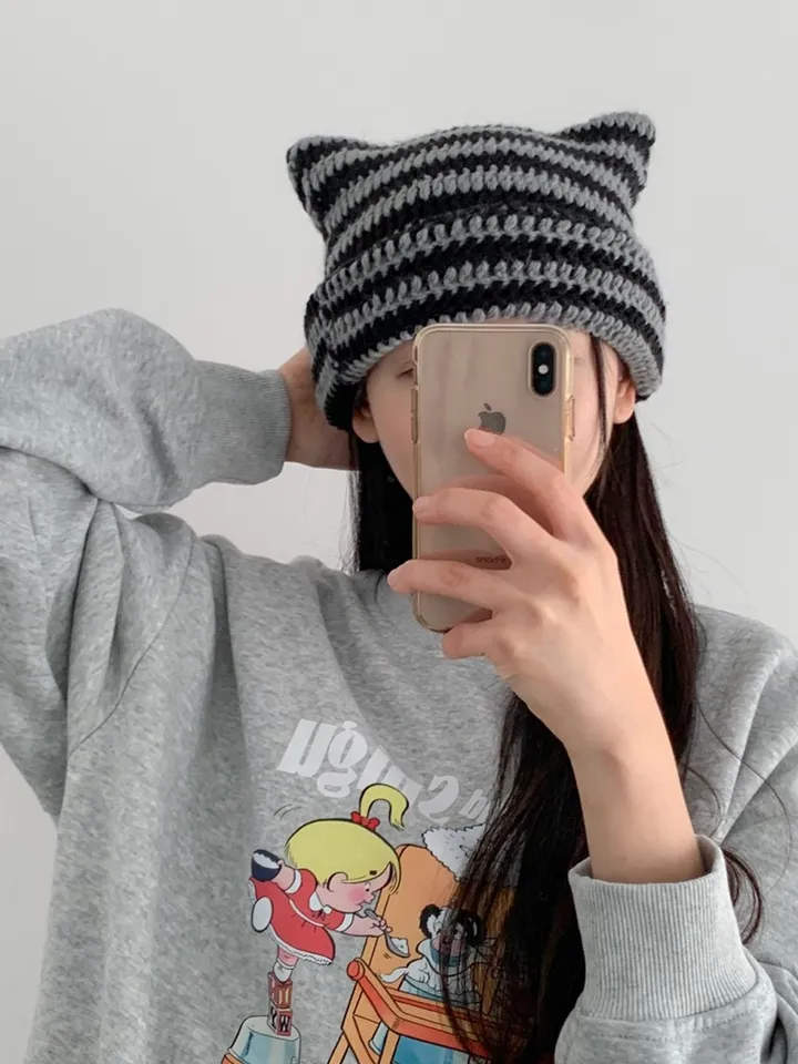 스트라이프 고양이 니트 모자 캣 비니 8color 상세 이미지 5