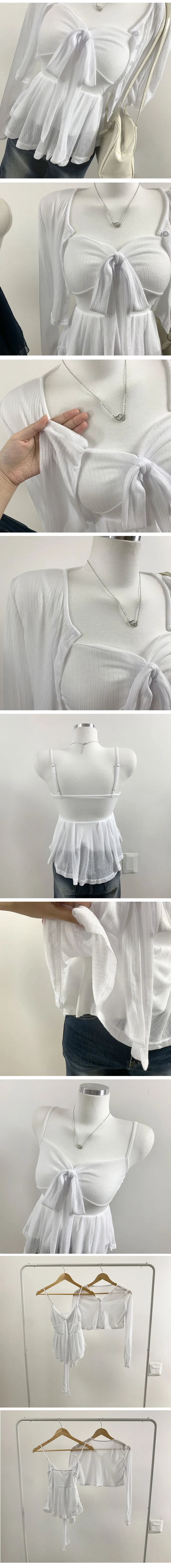 [인생샷템🌷/바캉스룩] 여리 슬림 루즈핏 살랑 리본 나시탑+크롭 볼레로 가디건 SET 상세 이미지 4