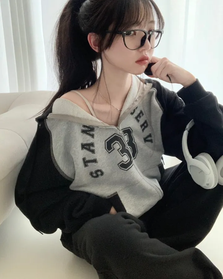 루즈오버핏! 투웨이 배색 레터링 후드집업 -2col 상세 이미지 17