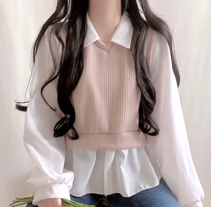 [셔츠+니트 일체형!] 포밍 레이어드 카라 벌룬 배색 니트 블라우스 4color 베이지 핑크 소라 블랙 상세 이미지 3